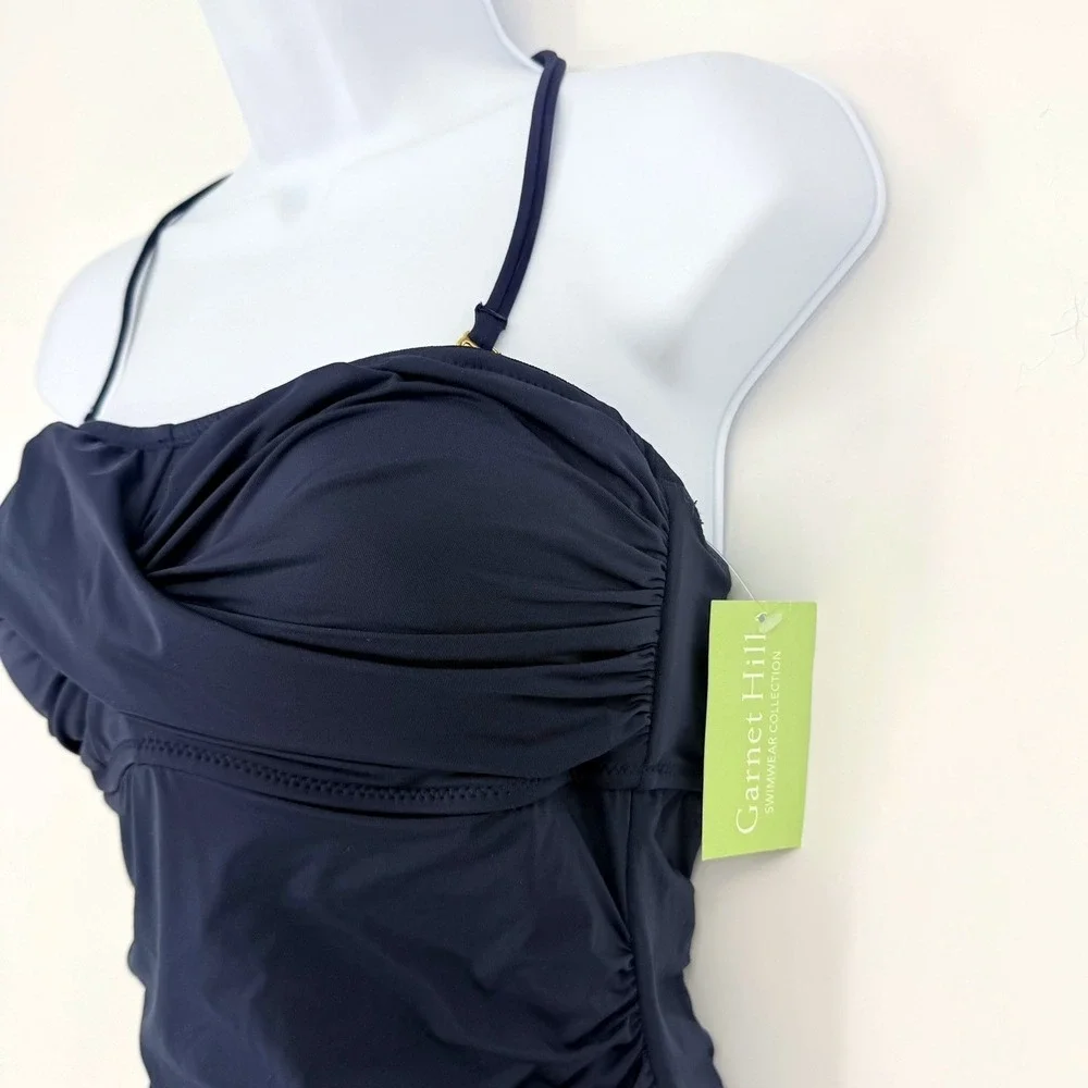 Garnet‎ Hill Navy Blue Ruched Crossover One Piece Swimsuit 33497 Womens 8 NEW